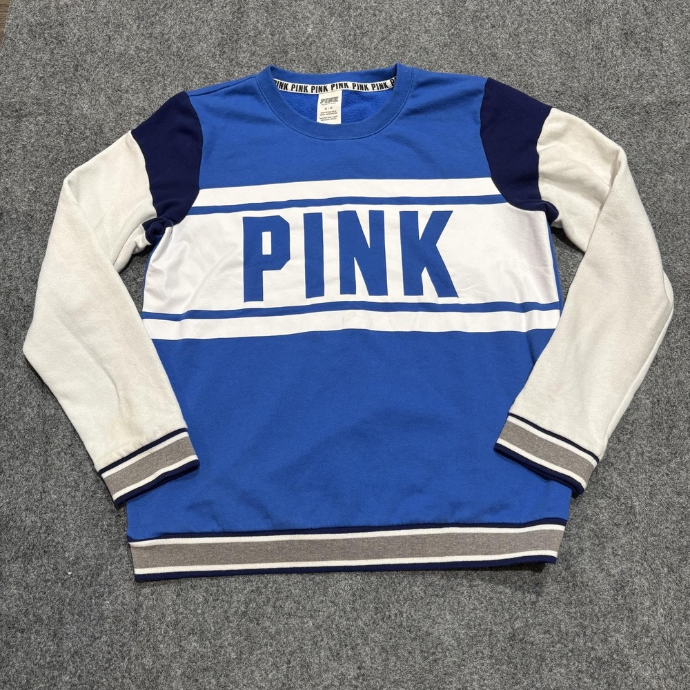 PINK Victoria's Secret Sweatshirt Womens Medium Blue Colorblock Fleece Logo